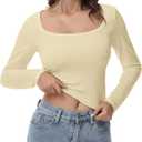 Women's Long Sleeve Crop top, Ribbed & Slim Fitted Cotton Shirts, Square Crewneck Tee Basics for Daily & Casual Wear (Large, Xbeige)