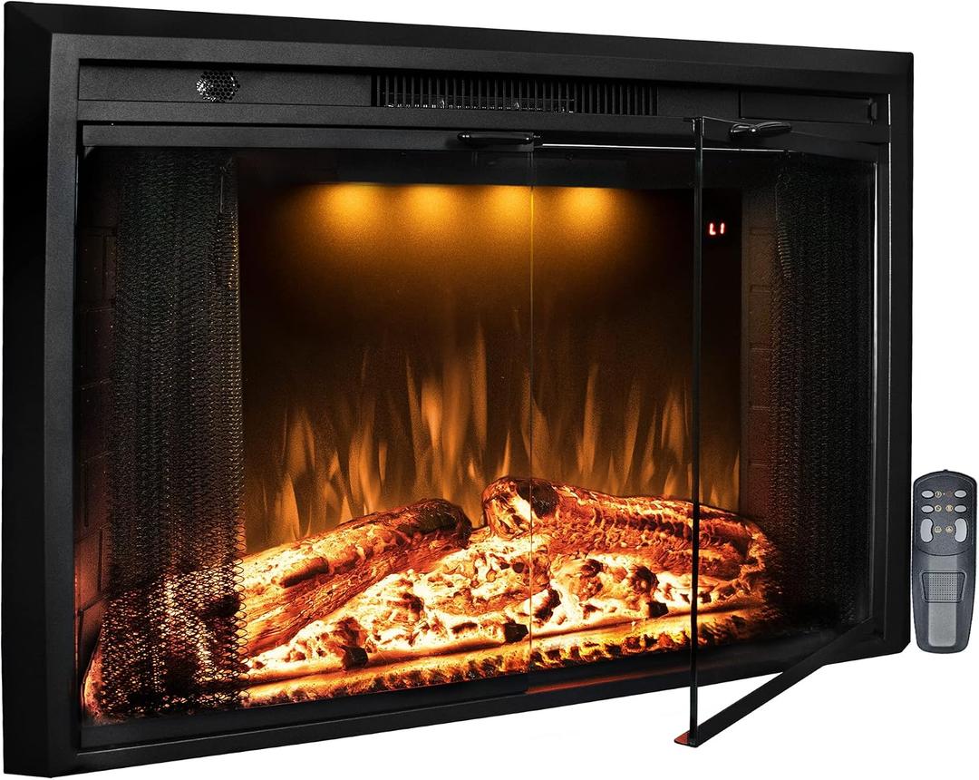 36 Electric Fireplace Inserts with Glass Door and Mesh Screen, Multicolor Flames & Fire Crackling Sounds, Timer, Overheating Protection Fireplace Heater, 750/1500W