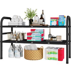 Expandable Under Sink Organizers, 2-Tier Kitchen Bathroom Cabinet Storage Counter Shelf, Shoe Storage Rack with 8 Removable Plastic Boards for Kitchen, Bathroom, Pantry, Entryway, Closet