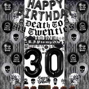 Black 30th Birthday Decorations for Women or Men, Death to My 20s Decorations, Death to My Twenties Banner Number 30 Balloons Rip to My 20s Sash Cake Toppers for Rip 20s Birthday Decorations