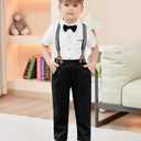 SANMIO Toddler Baby Boy Clothes Suit Gentleman Wedding Outfits, Formal Dress Shirt with Bowtie + Suspender Pants 16-24M