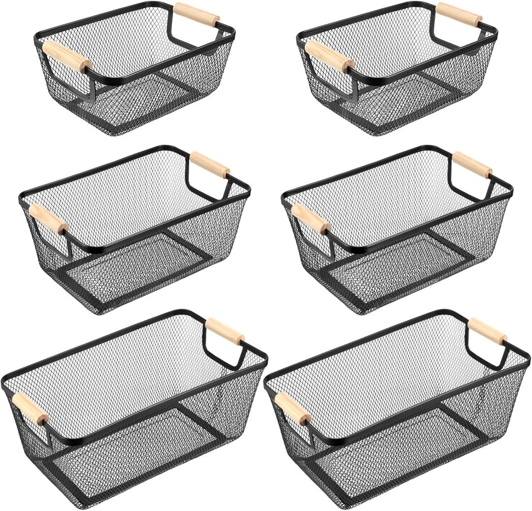 Maxcheck 6 Pack 3 Size Metal Wire Baskets with Wooden Handles Black Steel Mesh Storage Dog Toys Bins Organizer Containers for Home Pet Toys Storage Cabinets Pantry Closet Kitchen Makeup Rectangle