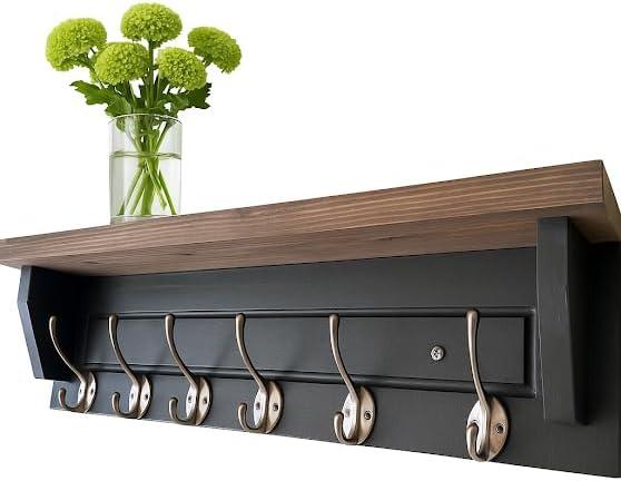 Matas Wall Mounted Coat Rack with Shelf 24 Coat & Key Rack, 6 Metal Hooks, Dark Wood Ledge Decorative Entryway Shelf Unit, Mail Holder, Kitchen Bathroom Organizer , Black