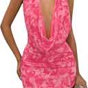 OYOANGLE Women's Sexy Deep V Halter Dress Floral Bodycon Mini Dresses Sleeveless Party Club Outfit (Pink, M)