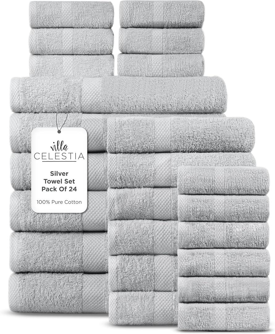 100% Cotton Bath Towel Set of 24-6 Bath Towels, 6 Hand Towels, 12 Wash Cloths, Sustainable, Soft, Highly Absorbent, Combed Cotton 24 Piece Set for Hotels, Spa, Bathroom, Dorm, Silver, Towel Set - Pack of 24