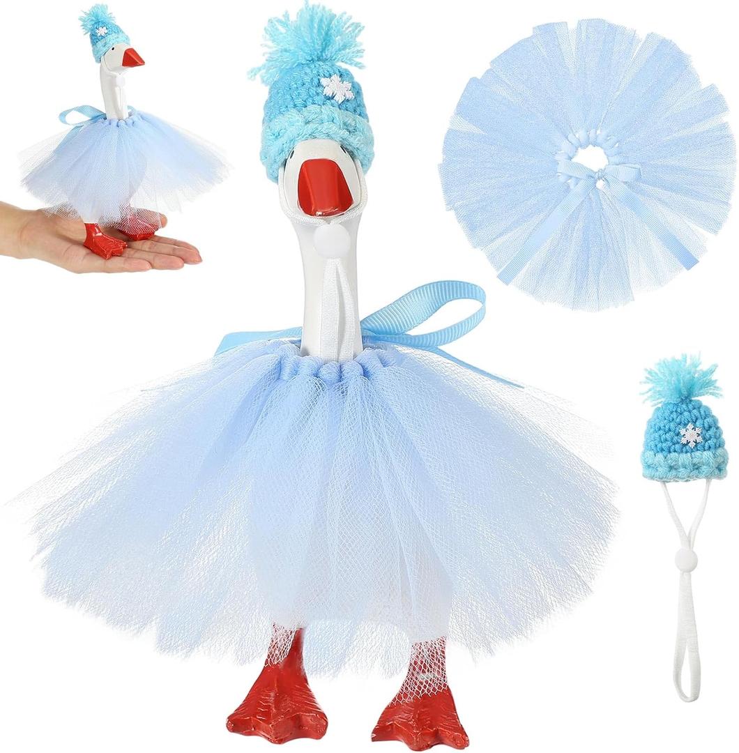 Winter 7 Inch Mini Desk Goose Outfits with Winter Snowfakes Knitting Hat Blue Tutu Dress Mini Desk Goose Customs for Magnetic Statue Key Holder Decor