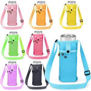 Tessco 8 Pcs Water Bottle Sling Holder with Adjustable Shoulder Strap Water Bottle Mesh Carrier Bag Sleeve Pouch Holder for Walking Sports (7.4 x 3.5 Inch, Bright Colors)