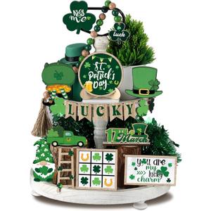 Maitys 21 Pcs St. Patrick's Day Tiered Tray Decor Set St Patricks Day Decorations Irish Shamrock Gnome Truck Wood Sign Lucky Clover Bead Table Decorations Rustic Farmhouse Decor for Home Kitchen Bar