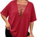 Remidoo Womens Oversized Tshirt Sexy Cut Out Top Ripped Shirt Short Sleeve V Neck Tee Deep Red Medium (Red, M)