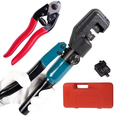 HOPUMTAN Hydraulic Crimping Tool Hydraulic Crimper with Wire Cutter Cable Railing Kit for 1/8" Stainless Steel Cable Railing Hardware Heavy Duty Wire Rope Swaging Kit HT02
