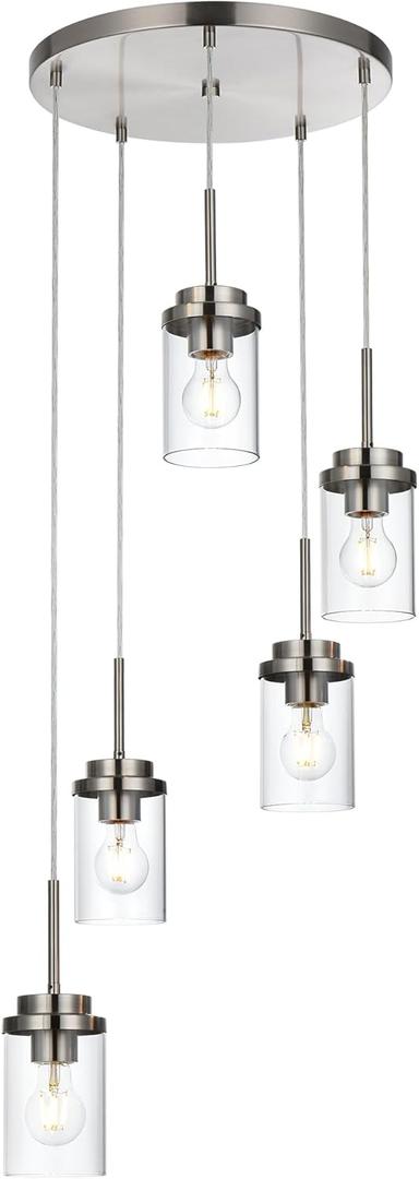 MELUCEE 5-Light Cluster Pendant Lights Stairwell Lighting Brushed Nickel Chandelier for Dining Room, Modern Kitchen Island Pendant Lighting Adjustable Hanging Ceiling Lamp with Clear Glass Shade (5 Lights-Round)
