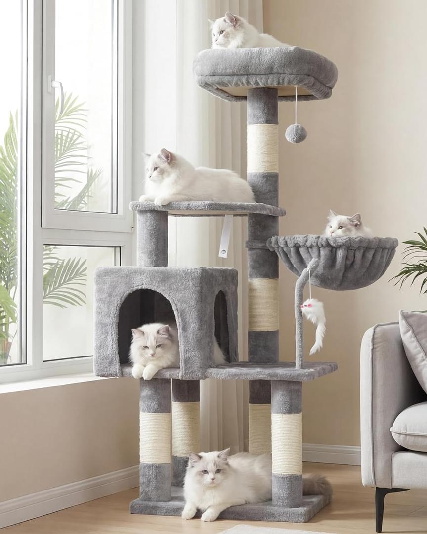 Heybly Cat Tree with Toy, Cat Tower Condo for Indoor Cats, Cat House with Padded Plush Perch, Cozy Hammock and Sisal Scratching Posts, Light Gray HCT004SW (43.3 inch)
