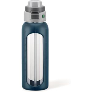 MUKOKO 2-in-1 Borosilicate Glass Water Bottle with Straw for Sports and Travel, 32oz Drinking Bottle with Silicone Sleeve, BPA Free, Leak Proof, Dark Blue