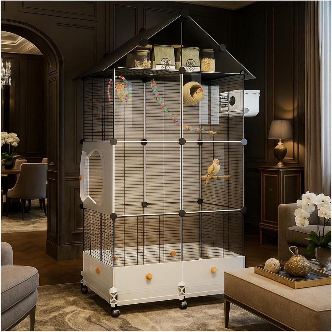 60in Large Flight Bird cage, Equipped with Bird's NestLadder, Swing, Feeder, etc. with Wheels for Easy Outdoor Movement, Suitable for Parrots, Pigeons (Black, 28.4" L x 14.2" W x 60" H)