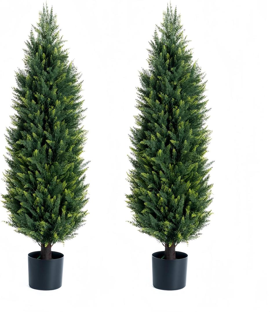 Artificial Cedar Tree, 3.4-Foot Outdoor Artificial UV Protected Shrub Potted Plant, Lifelike Fake Pruned Cypress Tree, 2 Pack of Artificial Shrub Plants for Decorating Indoors or Outdoors (40 inches)