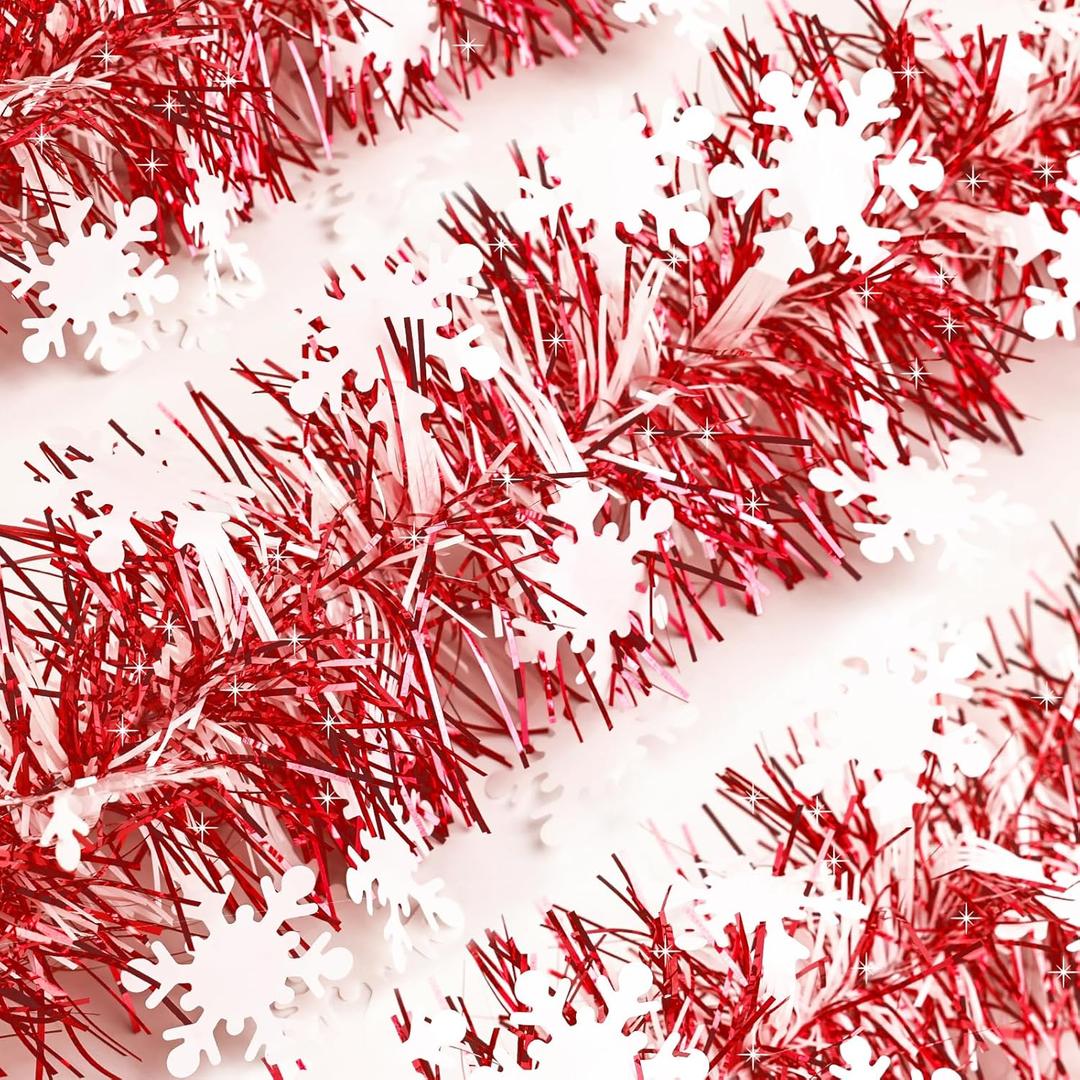 50Ft Christmas Tinsel Garland, Red and Snowflake Tinsel Garland Metallic Twist Shiny Garland for Xmas Tree Decorations, Tinsel for New Year Party Ceiling Hanging Decorations Indoor and Outdoor Decor