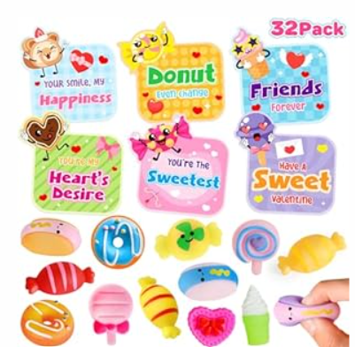 Valentines Day Gifts for Kids School, 32 Packs Kawaii Mochi Dessert Squishy Toys with Valentines Day Card for Girls Boys, Cute Fidget Squishy Toys for Classroom School Exchange Party Favors 