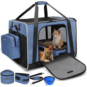 Petskd Extra Large Cat Carrier with Litter Box 24"x17"x17" for Medium Large Cat or 2 Small Cats, Collapsible Soft Sided Pet Carrier for Car Travel with Lockable Safety Zippers(Blue)