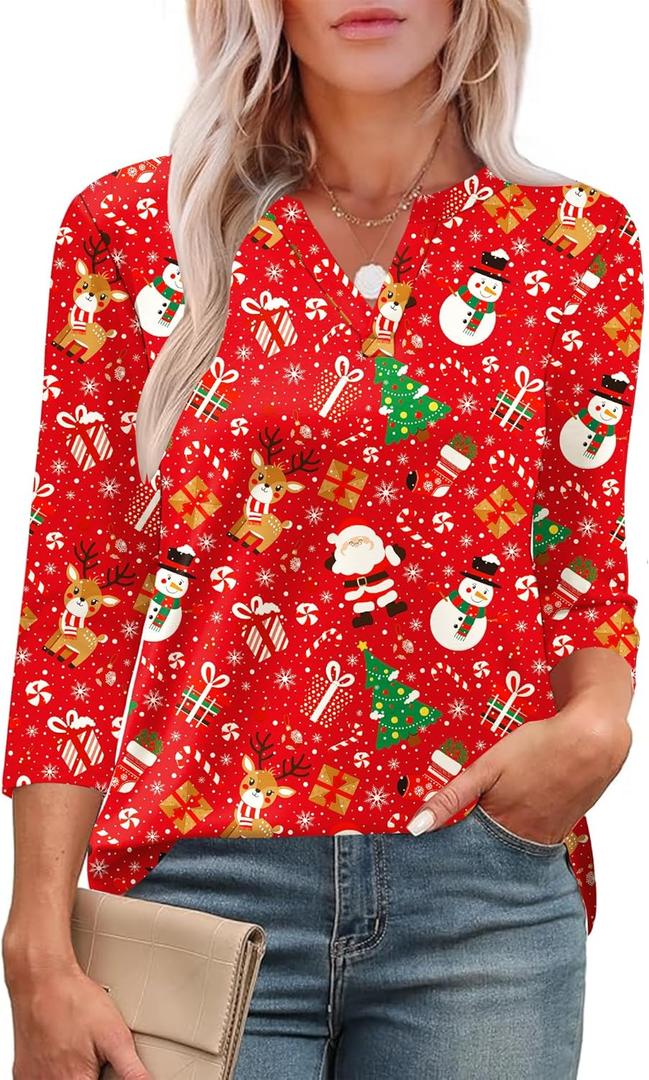 LOMON Womens 3/4 Length Sleeve Tops V Neck Business Casual Blouses Summer Tees Shirts 2026 (Red, M)