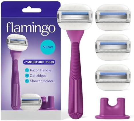 Flamingo Moisture Plus Women's Razor Set - No Shave Gel Needed - Razor Handle, 3 Blade Refills, Shower Holder - Fig