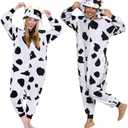 Funziez! Adult Onesie Halloween Costume Animal Dinosaur Shark Unisex Plush One Piece Cosplay Suit for Adults, Men and Women, Small, Cow