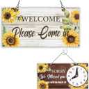 PLIGREAT Sunflowers Board Double Sided Open Closed Sign with Clock Welcome Please Come In Sorry We Missed You Signs for for Business Retail Store Window Wall Decor Hanging Door Signs with Chain