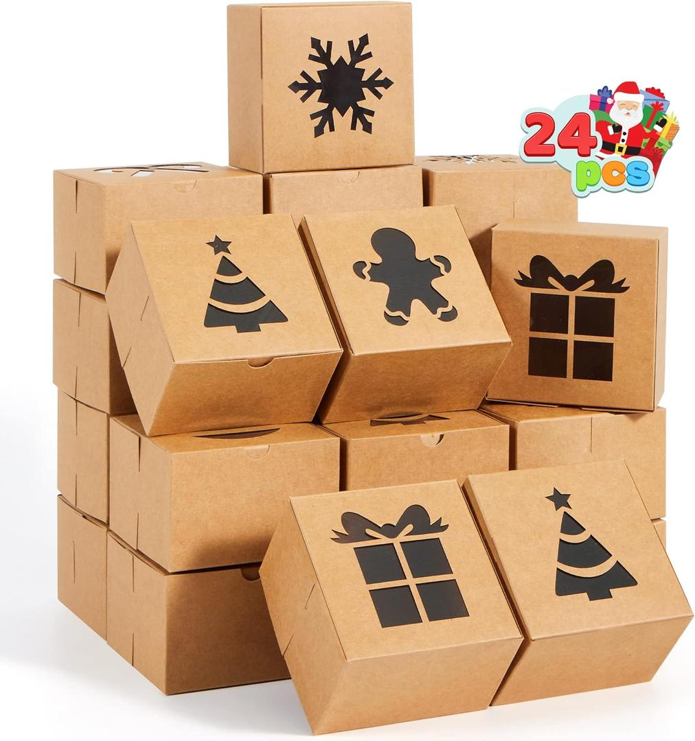 JOYIN 24 PCS Christmas Cookie Boxes for Gift Giving, 4"x 4"x 2.5" Small Bakery Cookie Boxes with Window, Brown Cardboard Treat Box for Cupcakes, Brownies, Donuts, Truffles, Holiday Wrapping Presents