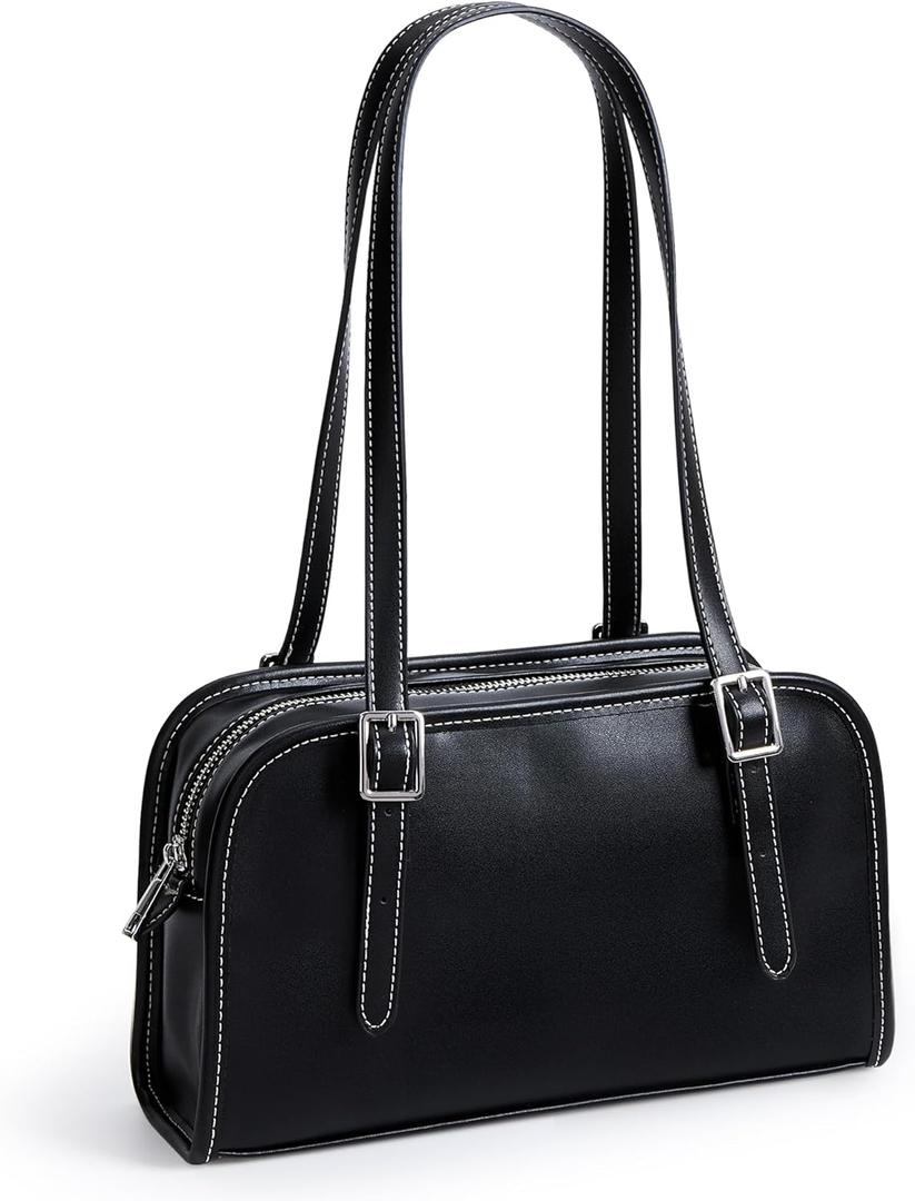 KALIDI Womens Swing Zip Leather Shoulder Bag (Black)