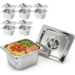 KUK 6 Packs Stainless Steel Hotel Pans with Lids 1/4 Size x 6" Deep Steam Table Commercial Food Storage Containers Stackable Metal Steamer Anti-Jam Restaurant Warm Pans