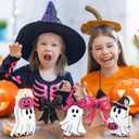 2 x 5 Pcs Pink Black Halloween Table Decor, 5 Styles Cute Wooden Ghosts and Bows Halloween Decorations Indoor, Funny Ghost Tabletop Centerpieces Tiered Tray Decor Signs for Home Office Room