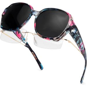Face Shadow Over Glasses Sunglasses for Women Polarized UV Protection, Fit Over Prescription Glasses Sunglasses Lightweight (Floral Frame / Grey Lens)