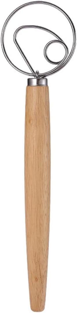 Danish Dough Whisk Wooden Bread Whisk With Stainless Steel Dough Hook - Dough Mixer Hand Tool & Sourdough Bread Making Tools and Supplies(Single turn,Long)