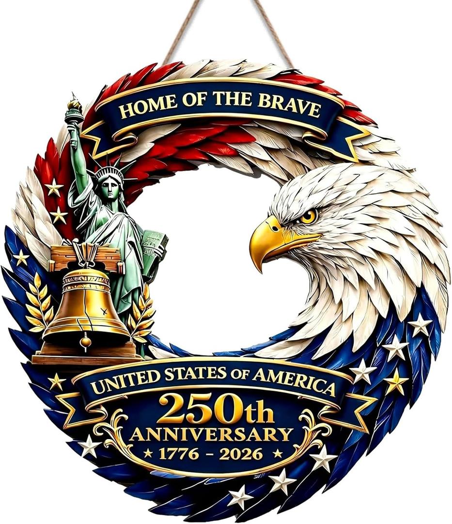 16" Large Patriotic Wreath Door Sign for Front Door, 250th Anniversary 17762026 Wooden Door Hanger Wall Plaque, American Eagle, Liberty Bell & Statue of Liberty Decor, Independence Day 4th of July Wall Hanging (Design 05)