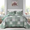 Mybedsoul Sage Green Boho King Quilt Set, 3-Piece Reversible Soft Plaid Floral Bedding Set with 2 Pillow Shams - Sage Green King Size Quilt Bedspread Coverlet Set, 90"x104"