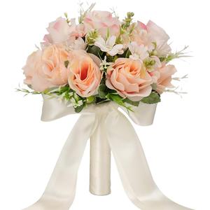 CYANLUX Wedding Bouquets for Bride Bridesmaid Bouquet Champagne White Artificial Roses Flowers for Wedding Valentine's Day Church Home Decoration (Champagne)