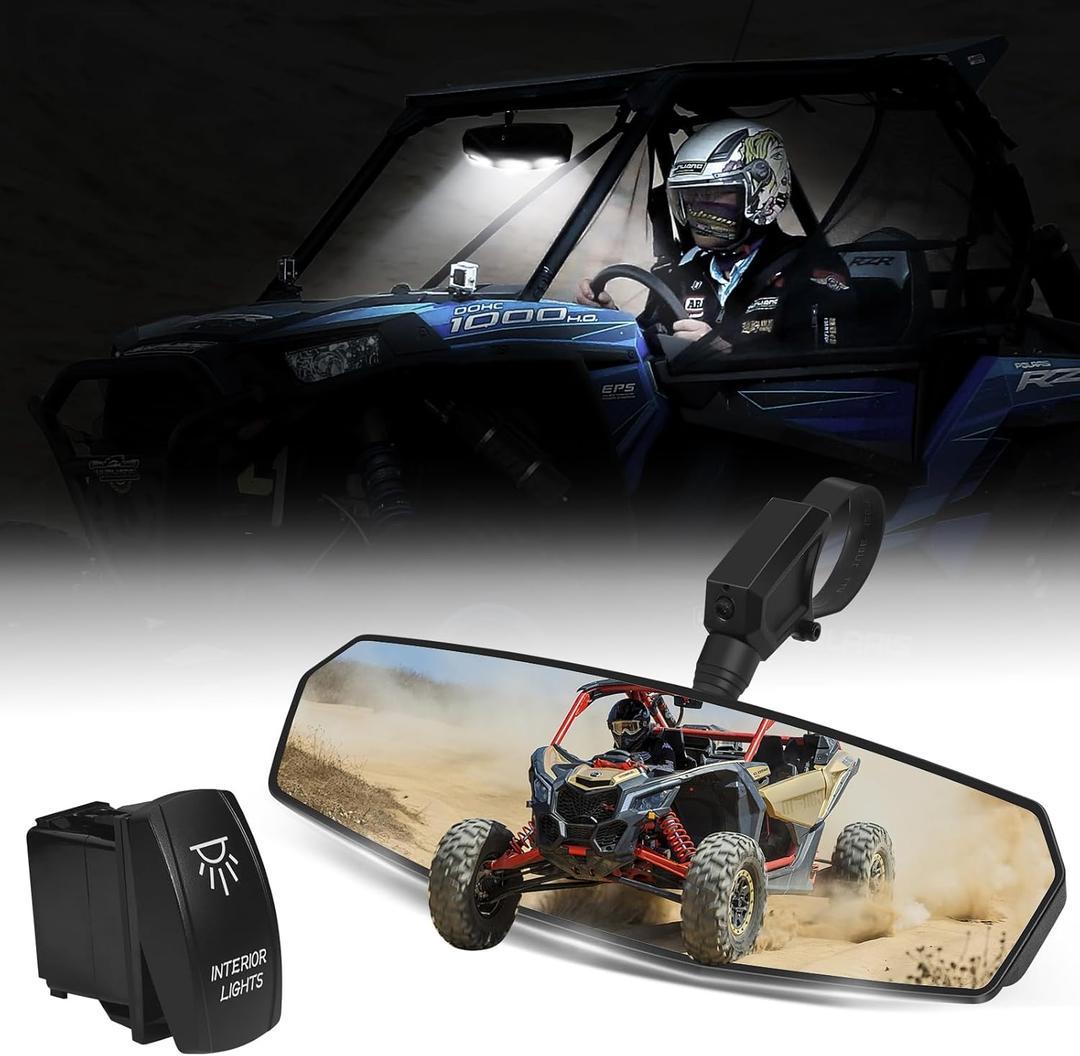 UTV Rear View Mirror, Esploratori Brightness Maverick X3 Center Mirror with Light & Wiring Control Switch for 1.5"-2" Roll Cage Compatible With Polaris RZR Can Am Kawasaki Teryx Mule