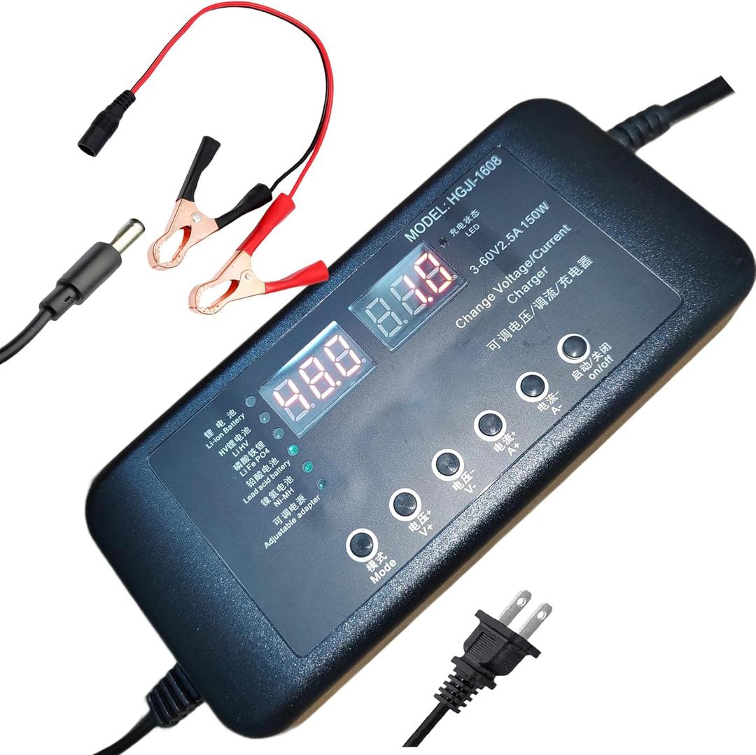 Adjustable Battery Charger 12V 24V 36V 48V Smart LCD Display Cable Clamps Automotive Maintainer for Golf Cart Car, Mower Boats, PWCs Truck RV ATV SUV