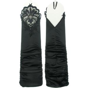 Gathered Below Elbow Satin Fingerless Gloves w/Floral Embroidery Lace & Sequins (One Size, Black)