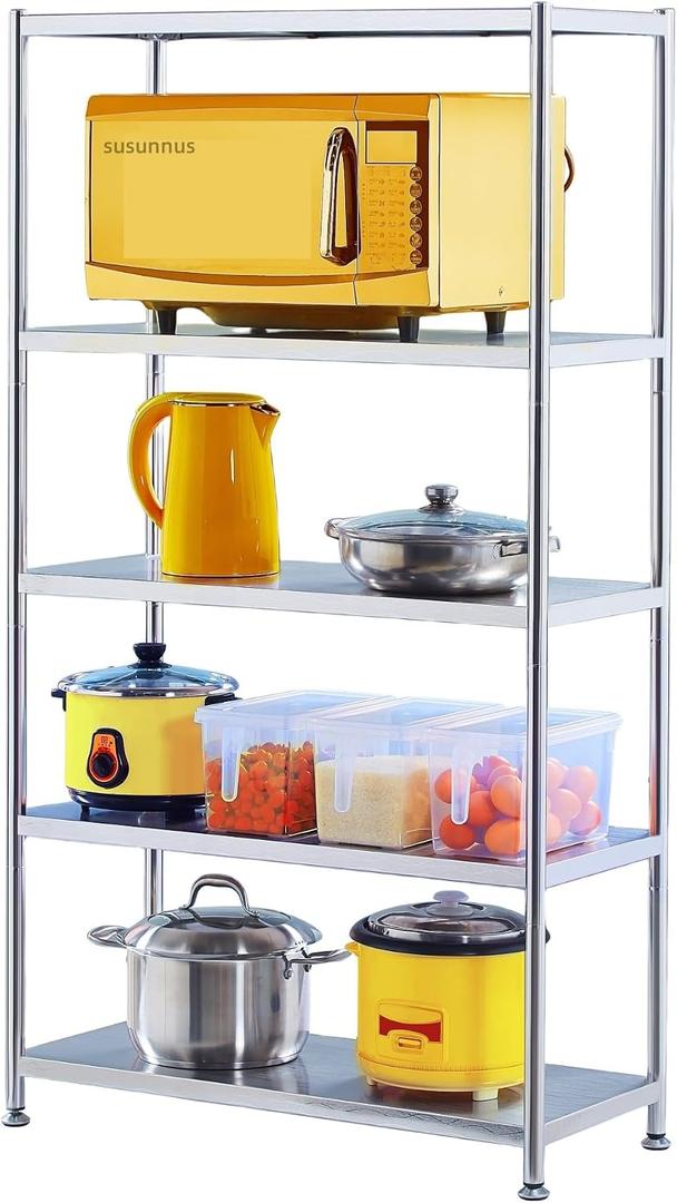 susunnus Stainless Steel Shelves 23.6in-5 Tier, Stainless Steel Shelf Organizer, Kitchen Storage Shelves, Artistic Texture, Pragmatic & Sturdy & Waterproof, 23.6in*13.8in-5t