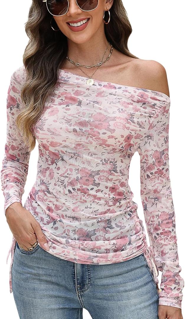 CiCiBird Womens 2025 Fall Off Shoulder Tops Long Sleeve Floral Mesh Shirts Trendy Going Out Outfits (M)