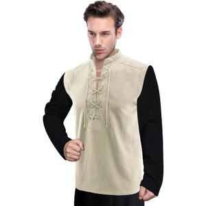 Men's Renaissance Costume, Pirate Shirt, Retro Lace-up Style for Medieval, Viking, Hippie and Halloween Cosplay (XL)