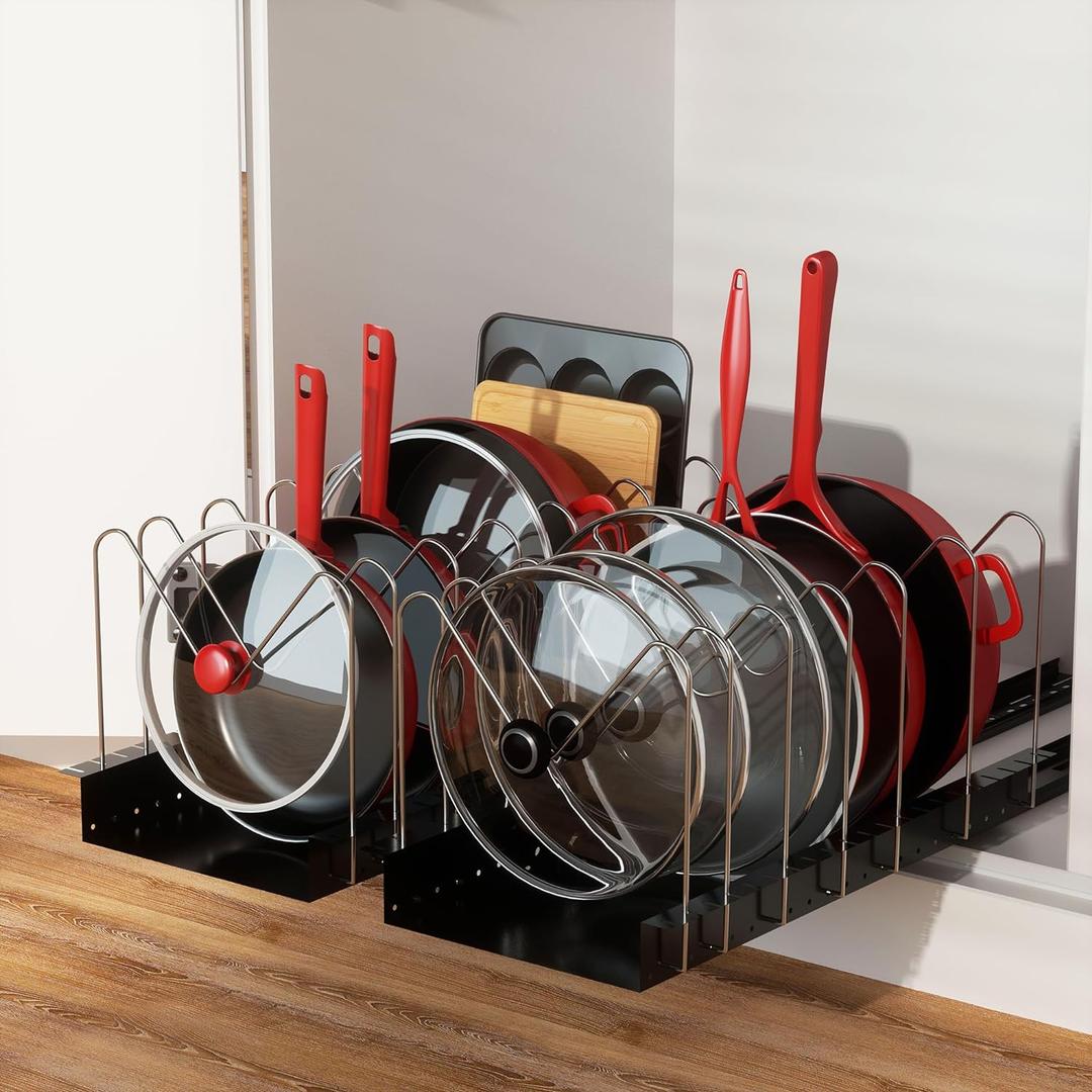 Pull Out Pots and Pans Organizer for Cabinet - Sliding Lid Holder and Pan Rack in Kitchen, Cabinet Pull Out Shelves, Slide Out Cabinet Organizer, Pot Lid, Bakeware and Pan Storage, Set of 2 Packs