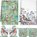 Leinuosen 6 Bird Flower Kitchen Towels Kitchen Decor and Accessories Set Floral Plant Oven Mitts and Pot Holders Sets Farmhouse Absorbent Dish Towels for Cooking Baking Grilling (Green, White)