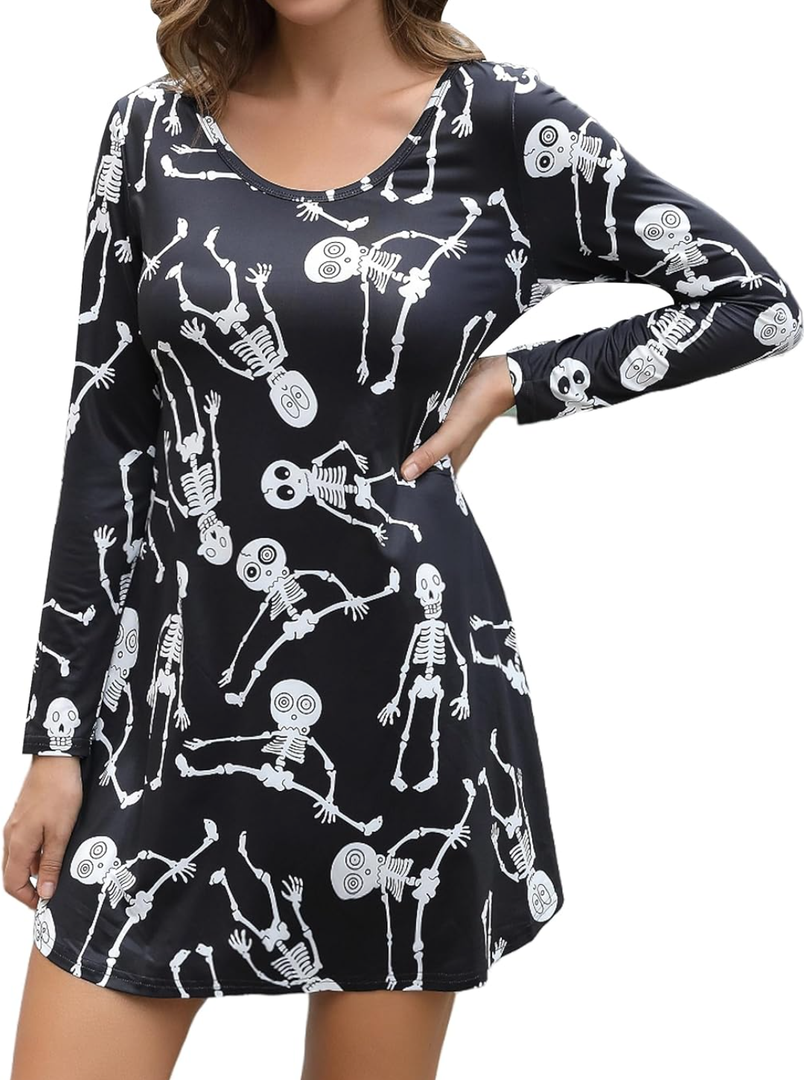 Aphratti Women's Long Sleeve Halloween Print Swing Short Dress Cute Costume Tunic Dresses for Parties, XXL
