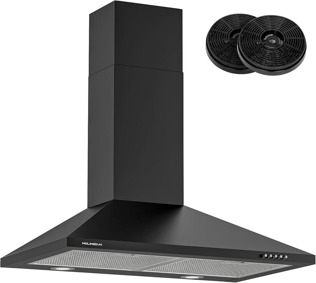Range Hood 30 inch, 450 CFM Wall Mount Kitchen Hood in Cold Steel with Black Powder Coating Finish, LED Lighting, 3 Speed Exhaust Fan, Ducted/Ductless Convertible (Charcoal Filters Included)