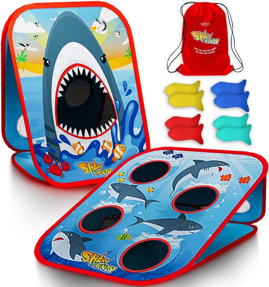 Swooc Games - Shark Frenzy | 2-in-1 Bean Bag Toss Game for Kids | 5-Second Setup Toddler Party Games for Kids | Toddler Outdoor Fun | Corn Hole Shark Toys for Boys | Cornhole Game Set Outside