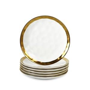 vicrays Ceramic Dessert Salad Plates, 8 Inch, Set of 6, Round, Dishwasher Safe, NOT Microwave Safe, Scratch Resistant, Suitable for Appetizer, Home, Restaurant (White with Golden)