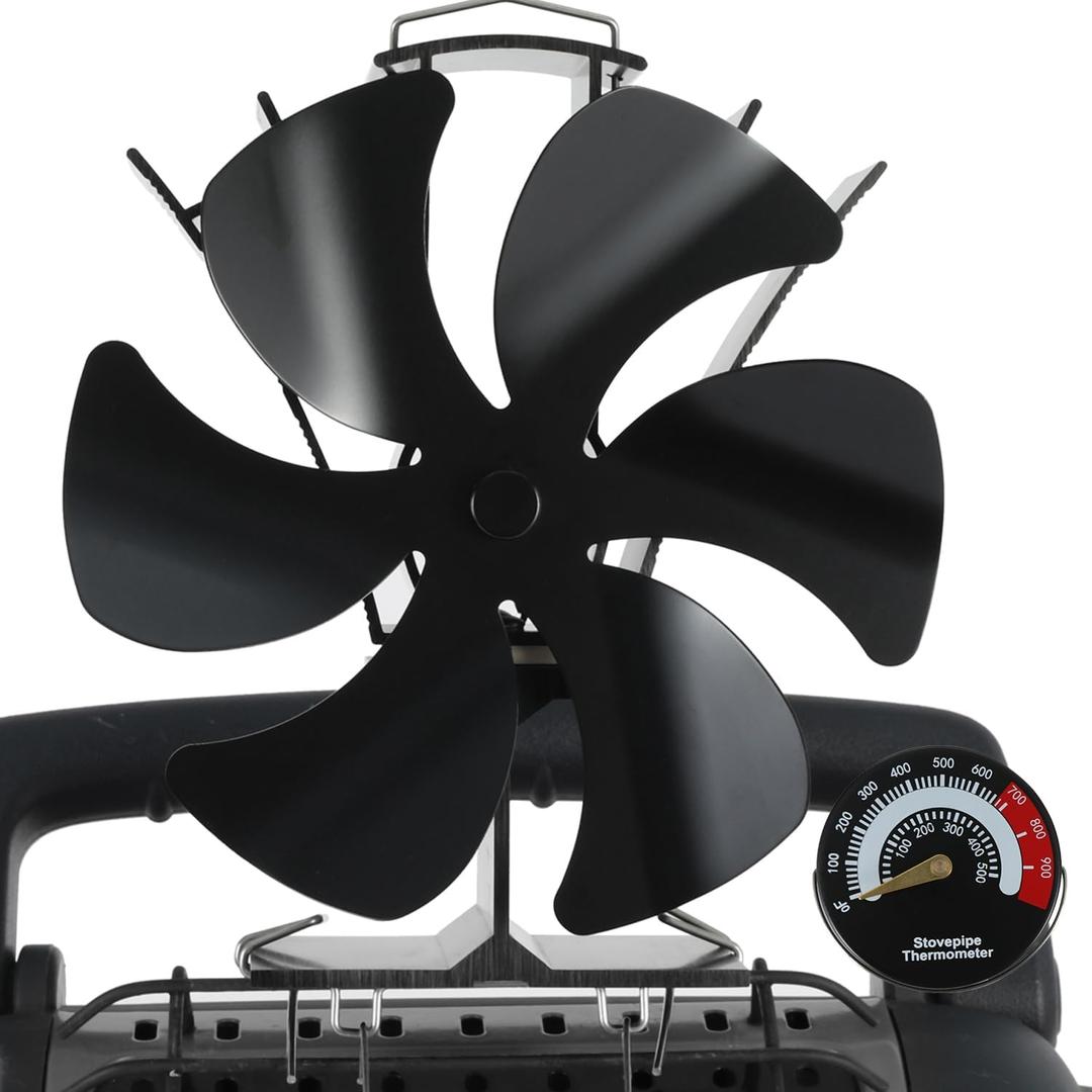 Wood Stove Fan 6-Blade, Heat Powered Stove Fan with Hook for Stove & Thermometer, Fireplace Fan for Efficient Home Heating, Ideal for Wood Burning Stoves, Fireplaces, Tent Camping Accessories