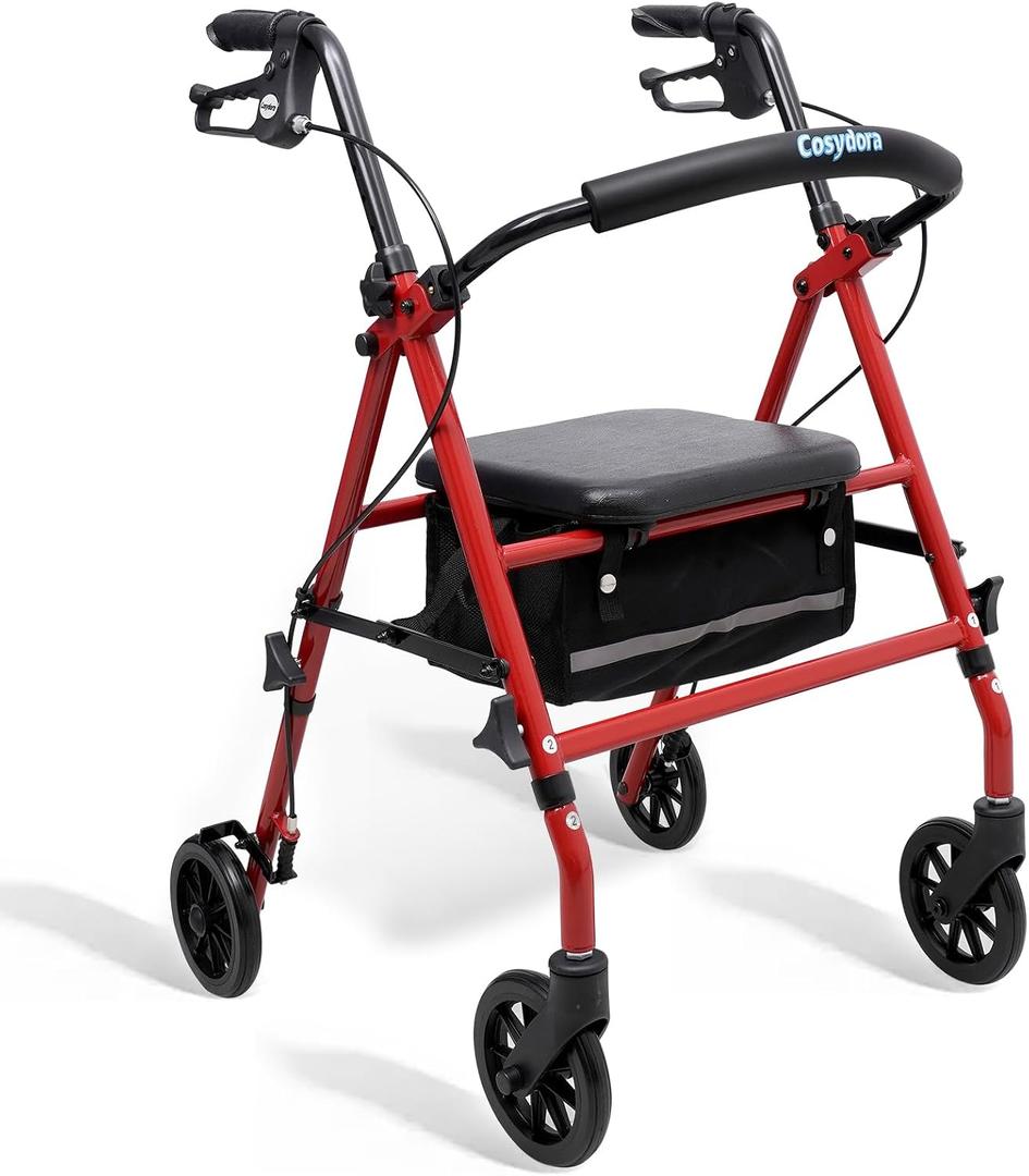 Cosydora Walkers for Seniors, Foldable Rollator Walkers with Seat, 6" All-Terrain Wheels, 350 lb Weight Capacity, Adjustable Handles and Seat Height, Lightweight Rolling Walker, Gloss Red