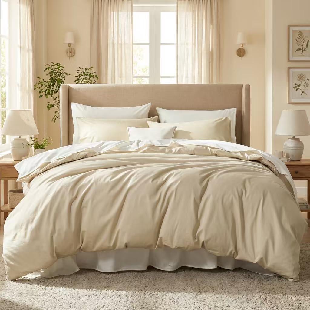 Duvet Cover Queen Size, 100% Egyptian Cotton 1000 Thread Count Ultra Soft 3-Piece Duvet Cover Set with Zipper Closure, Ultra Soft & Breathable Luxury Bedding with 8 Corner Ties (Queen,Khaki)